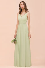 Popular V-Neck Sage Chiffon Affordable Bridesmaid Dress with Low Back