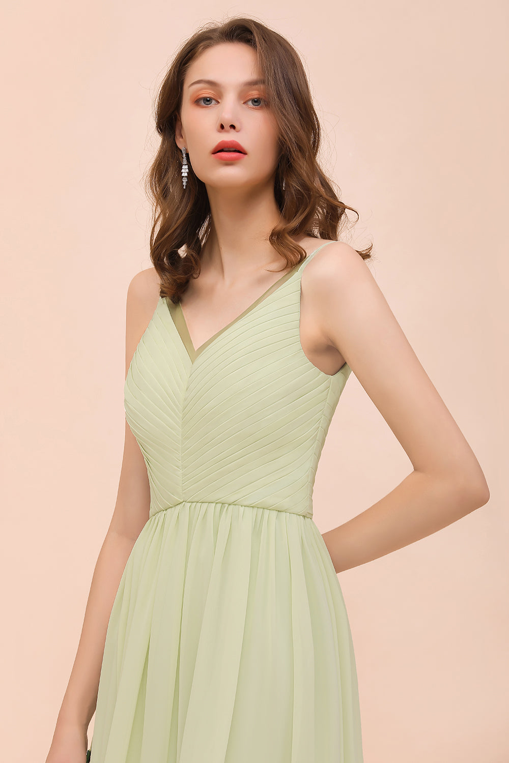 Popular V-Neck Sage Chiffon Affordable Bridesmaid Dress with Low Back