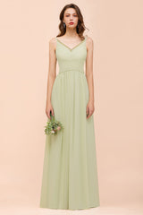 Popular V-Neck Sage Chiffon Affordable Bridesmaid Dress with Low Back