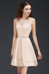 Pretty Lace Backless Short Pink Bridesmaid Dresses with Beadings