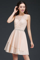 Pretty Lace Backless Short Pink Bridesmaid Dresses with Beadings