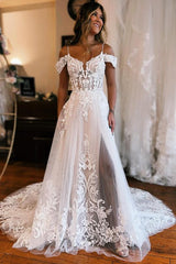 Pretty Off-the-Shoulder Wedding Dress Lace Appliques With Slit