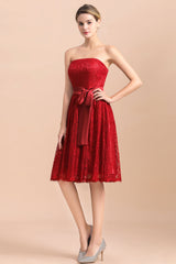 Pretty Strapless Red Lace Bridesmaid Dresses Sleeveless Short Wedding Party Dress with Sash