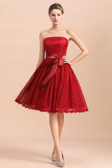 Pretty Strapless Red Lace Bridesmaid Dresses Sleeveless Short Wedding Party Dress with Sash