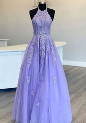 Princess Halter Long/Floor-Length Laced Tulle Prom Dress/Evening Dress with Appliqued Beading