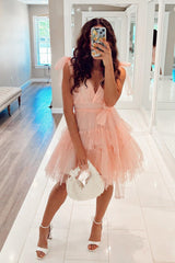 Blush Tulle A-Line Homecoming Dress with Pearls