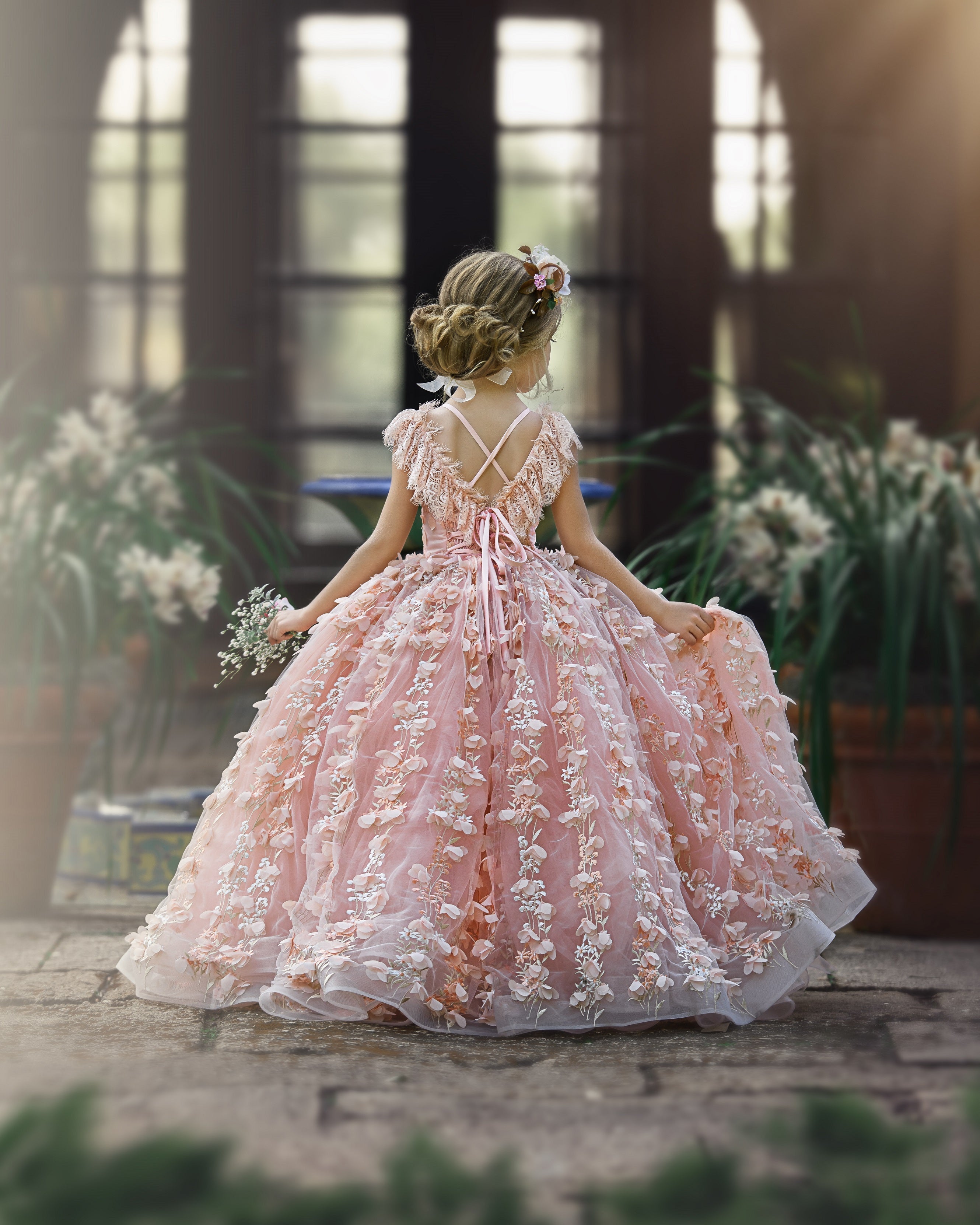 Princess Pink A-line Cap Sleeves Lace Flower Girls Dress-Newinlook