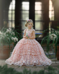 Princess Pink A-line Cap Sleeves Lace Flower Girls Dress-Newinlook