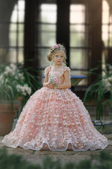 Princess Pink A-line Cap Sleeves Lace Flower Girls Dress-Newinlook