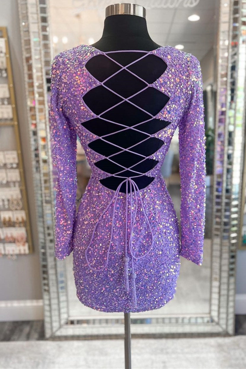 Purple Sequin Lace-Up Short Party Dress with Long Sleeves