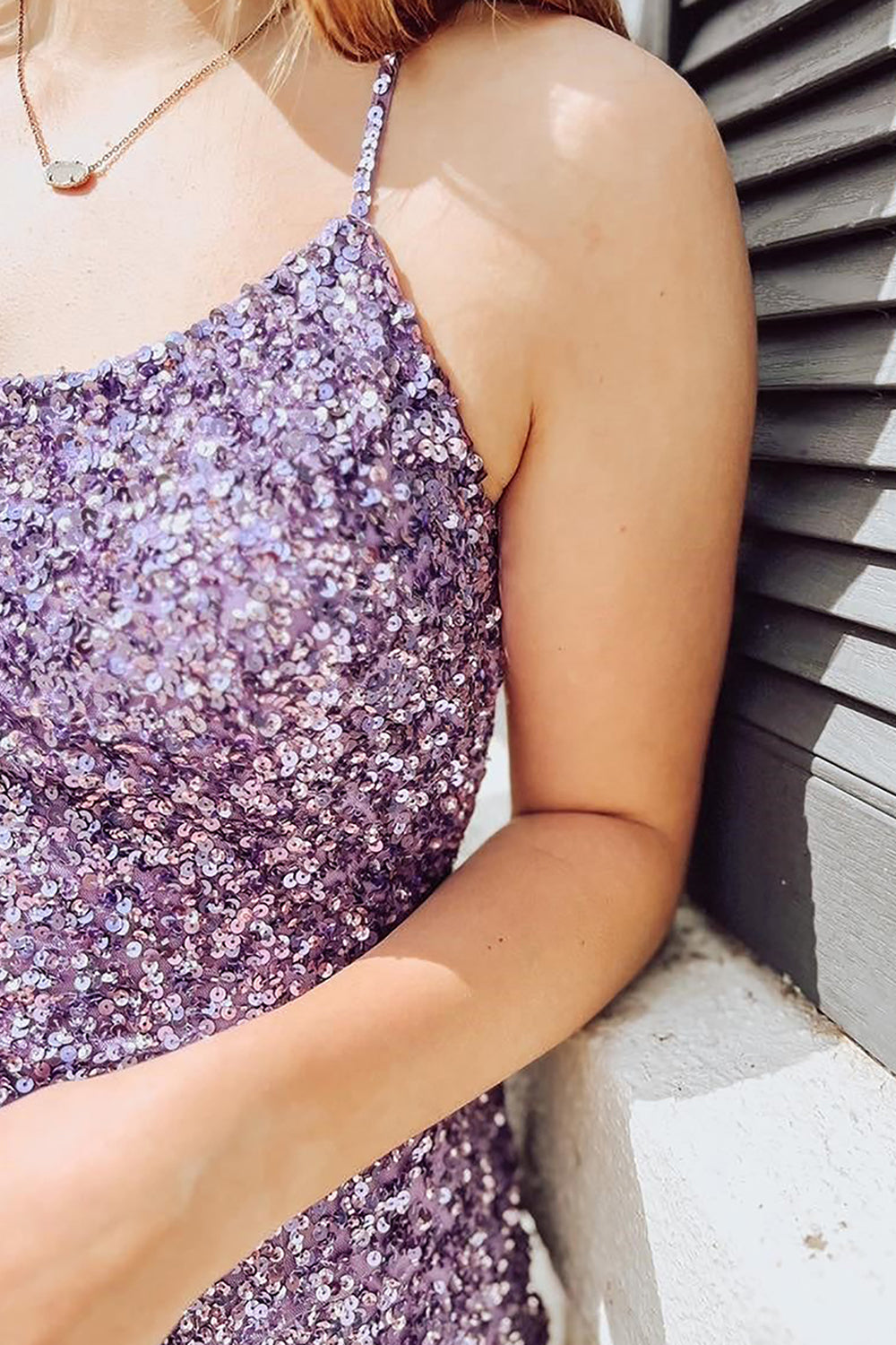 Purple Sparkly Sequined Bodycon Homecoming Dress with Crisscross Back