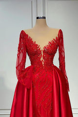 Red Long Sleeves Prom Dress Mermaid With Beadings Overskirt