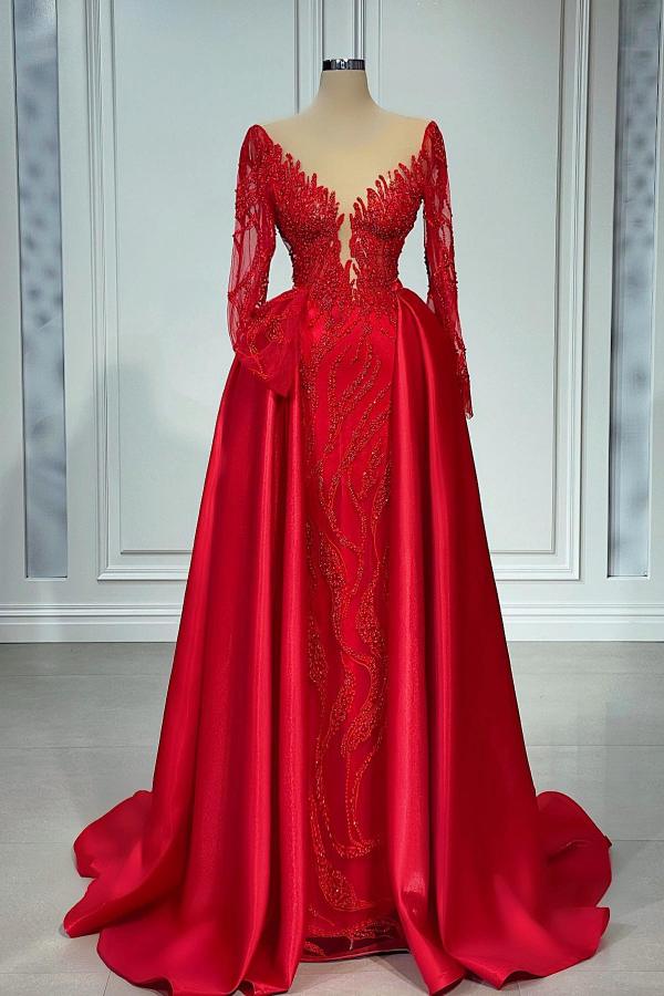 Red Long Sleeves Prom Dress Mermaid With Beadings Overskirt