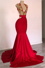 Red Mermaid Prom Dress Long With Gold Appliques