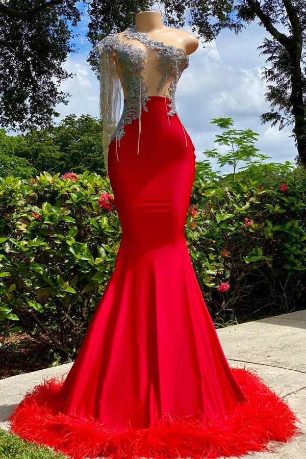 Red Mermaid Prom Dress One Shoulder Long Sleeve With Feather