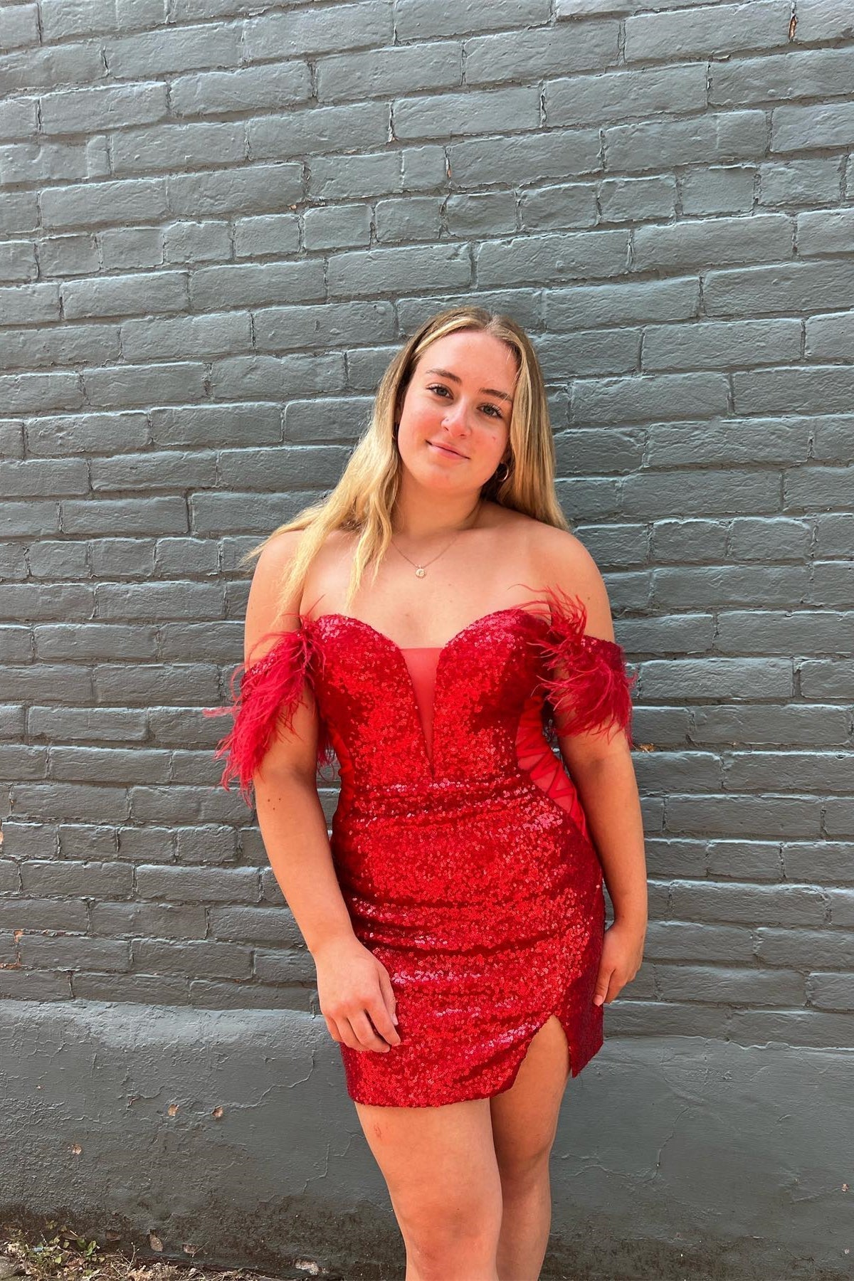 Red Plunging Off-the-Shoulder Sequined Homecoming Dress with Feathers