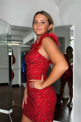 Red Sequined Sheath Plunging V-Neck Dress with Feathers