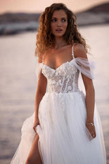 Romantic Spaghetti Straps Cap Sleeves A-Line Lace Wedding Dress