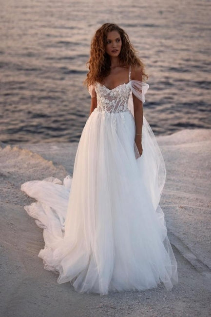 Romantic Spaghetti Straps Cap Sleeves A-Line Lace Wedding Dress