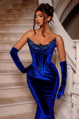 Royal Blue Long Velvet Beaded Sleeveless Mermaid Prom Dress