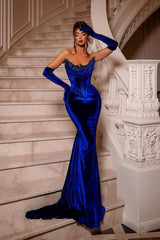 Royal Blue Long Velvet Beaded Sleeveless Mermaid Prom Dress