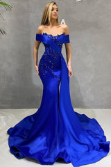 Royal Blue Off-the-Shoulder Prom Dress Mermaid With Beads Ruffles