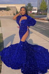Royal Blue Sequins Prom Dress Mermaid Long Sleeves