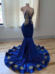 Royal Blue Sleeveless Prom Dress Mermaid With Appliques