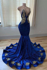 Royal Blue Sleeveless Prom Dress Mermaid With Appliques