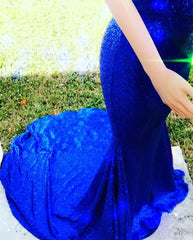 Royal Blue V-Neck Mermaid Prom Dress Sequins Sleeveless Evening Gown