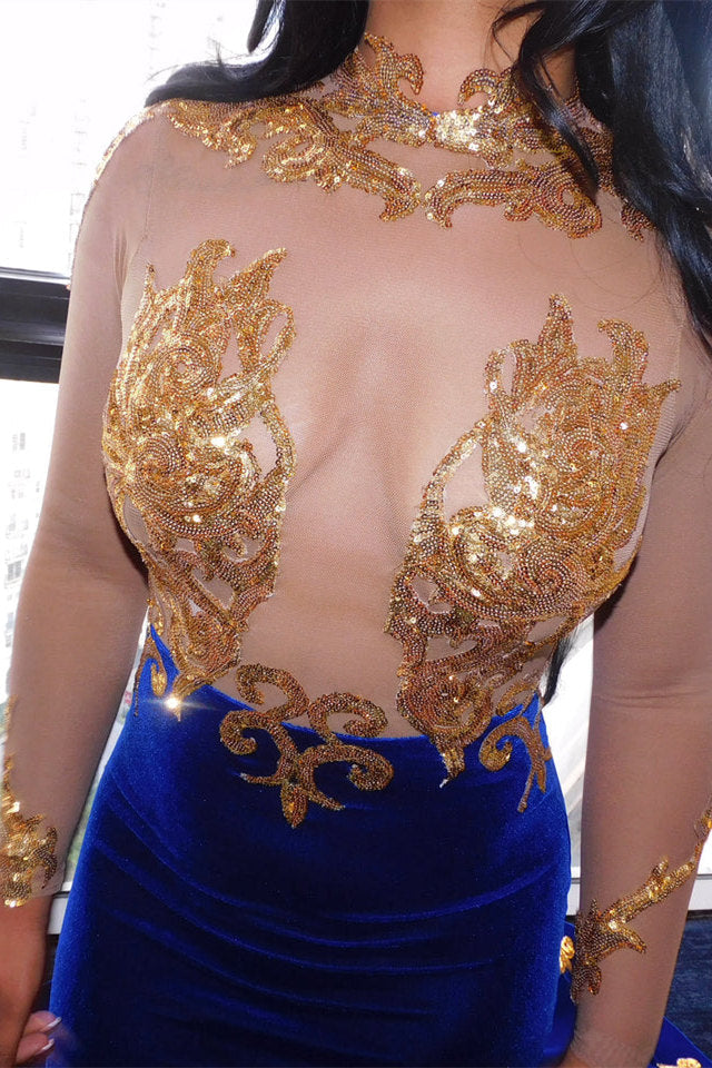Royal Blue Velvet Prom Dress Mermaid With Gold Sequins