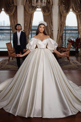 Ruffle Sleeves Ball Gown Wedding Dress Satin Elegant