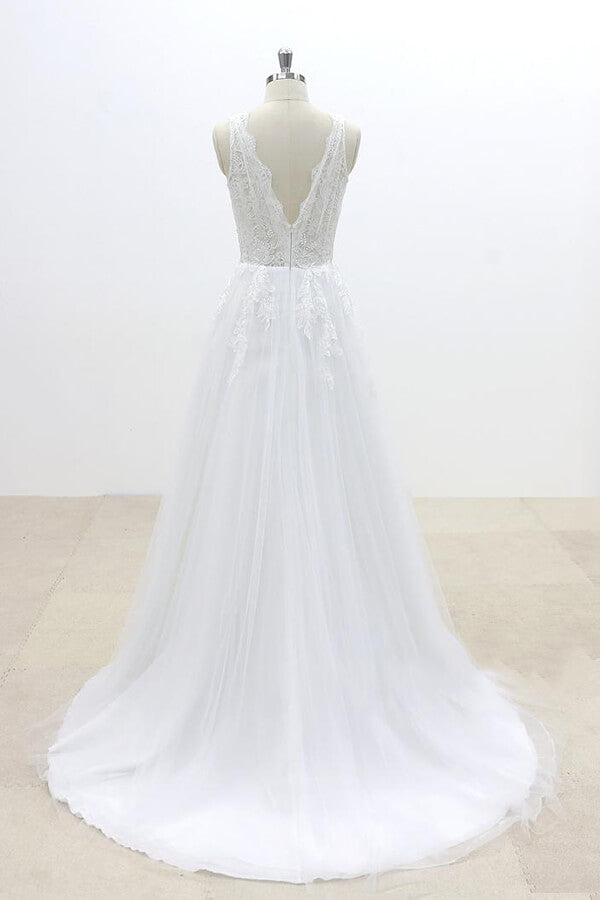 Ruffle V-neck Appliques Tulle A-line Wedding Dress On Sale