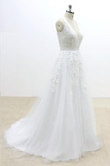 Ruffle V-neck Appliques Tulle A-line Wedding Dress On Sale