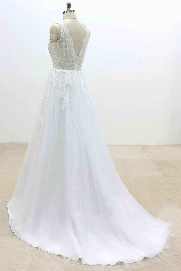 Ruffle V-neck Appliques Tulle A-line Wedding Dress On Sale