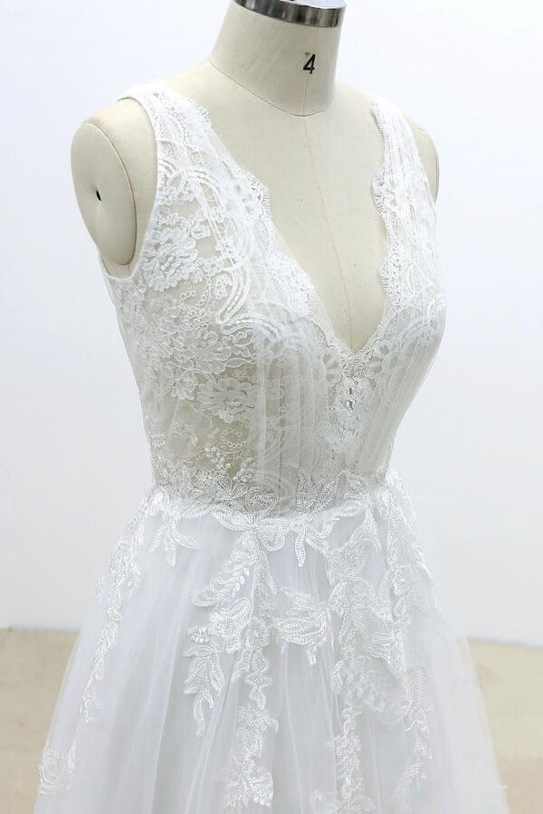 Ruffle V-neck Appliques Tulle A-line Wedding Dress On Sale