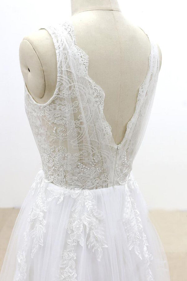 Ruffle V-neck Appliques Tulle A-line Wedding Dress On Sale