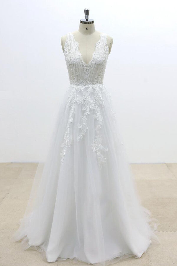 Ruffle V-neck Appliques Tulle A-line Wedding Dress On Sale