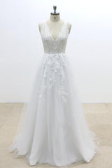 Ruffle V-neck Appliques Tulle A-line Wedding Dress On Sale