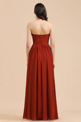 Rust Halter Long Chiffon Bridesmaid Dress On Sale