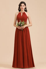 Rust Halter Long Chiffon Bridesmaid Dress On Sale