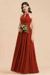 Rust Halter Long Chiffon Bridesmaid Dress On Sale