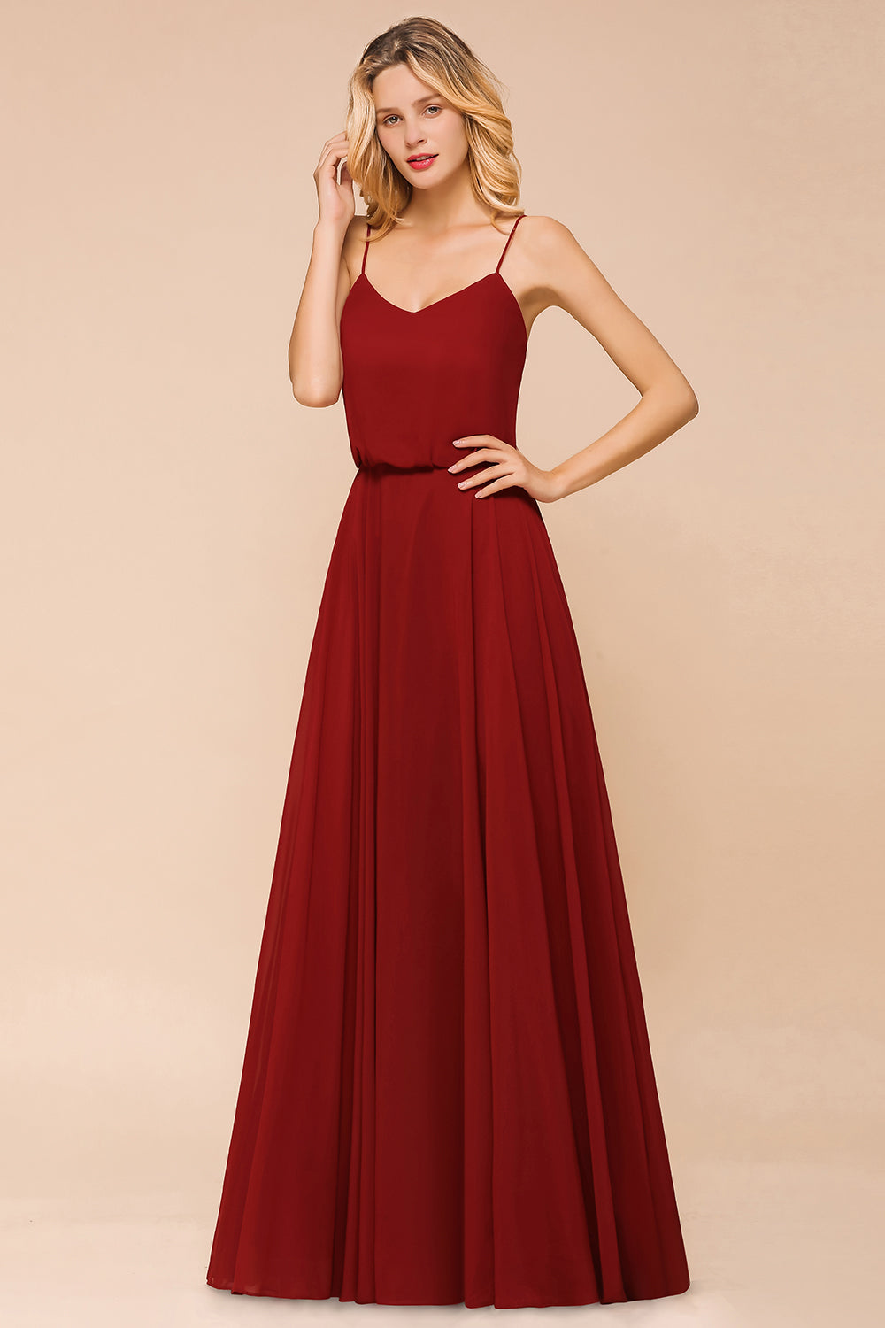 Rust Spaghetti-Starps Long Chiffon Bridesmaid Dresses Online