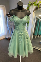 Sage Green Off-the-Shoulder Beaded Applique A-Line Mini Homecoming Dress