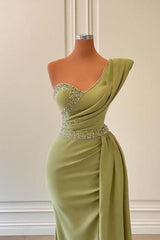 Sage Green One Shoulder Mermaid Prom Dress Long With Ruffles