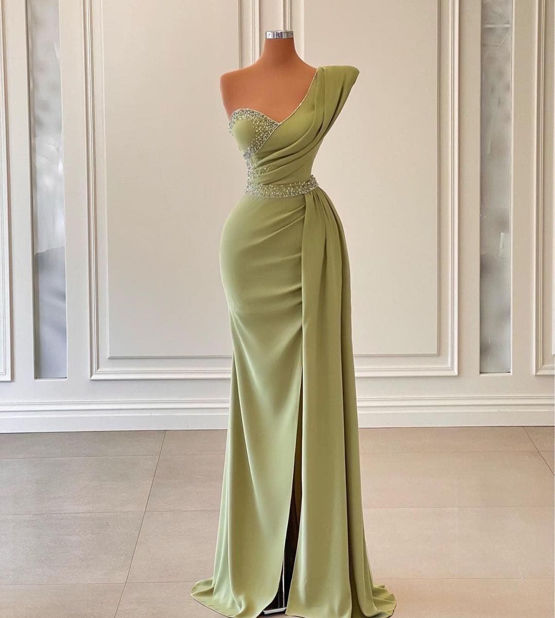 Sage Green One Shoulder Mermaid Prom Dress Long With Ruffles – Newinlook