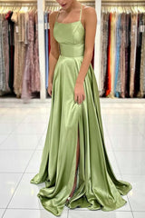 Sage Green Spaghetti-Straps Prom Dresses Long Split Online