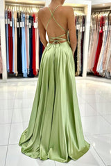 Sage Green Spaghetti-Straps Prom Dresses Long Split Online