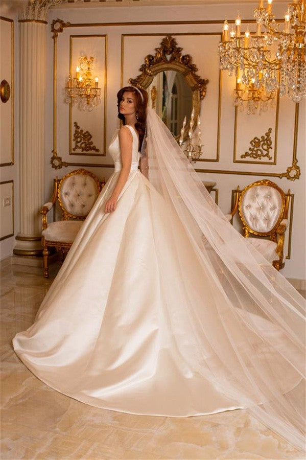 Satin Wedding Dress V-Neck Long With Pockets