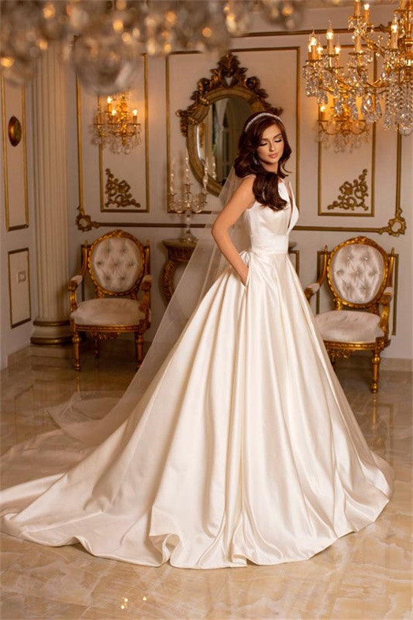 Satin Wedding Dress V-Neck Long With Pockets